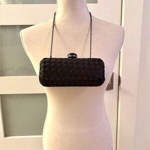 Woven Black Satin Evening Clutch with Chain